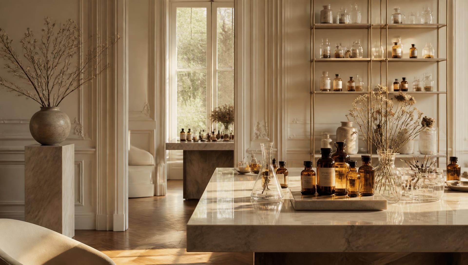 Sunlit European atelier with marble table and apothecary bottles