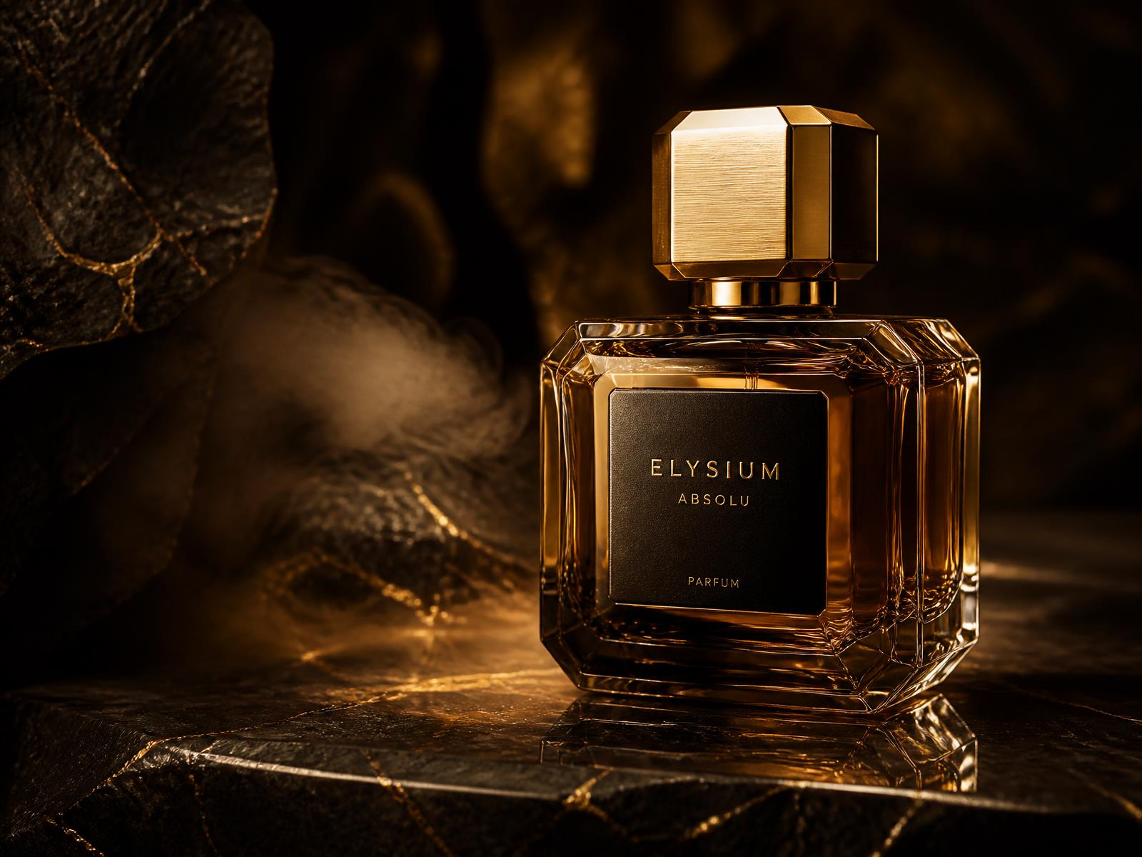 Deux Parfums Elysium Absolu bottle on dark stone